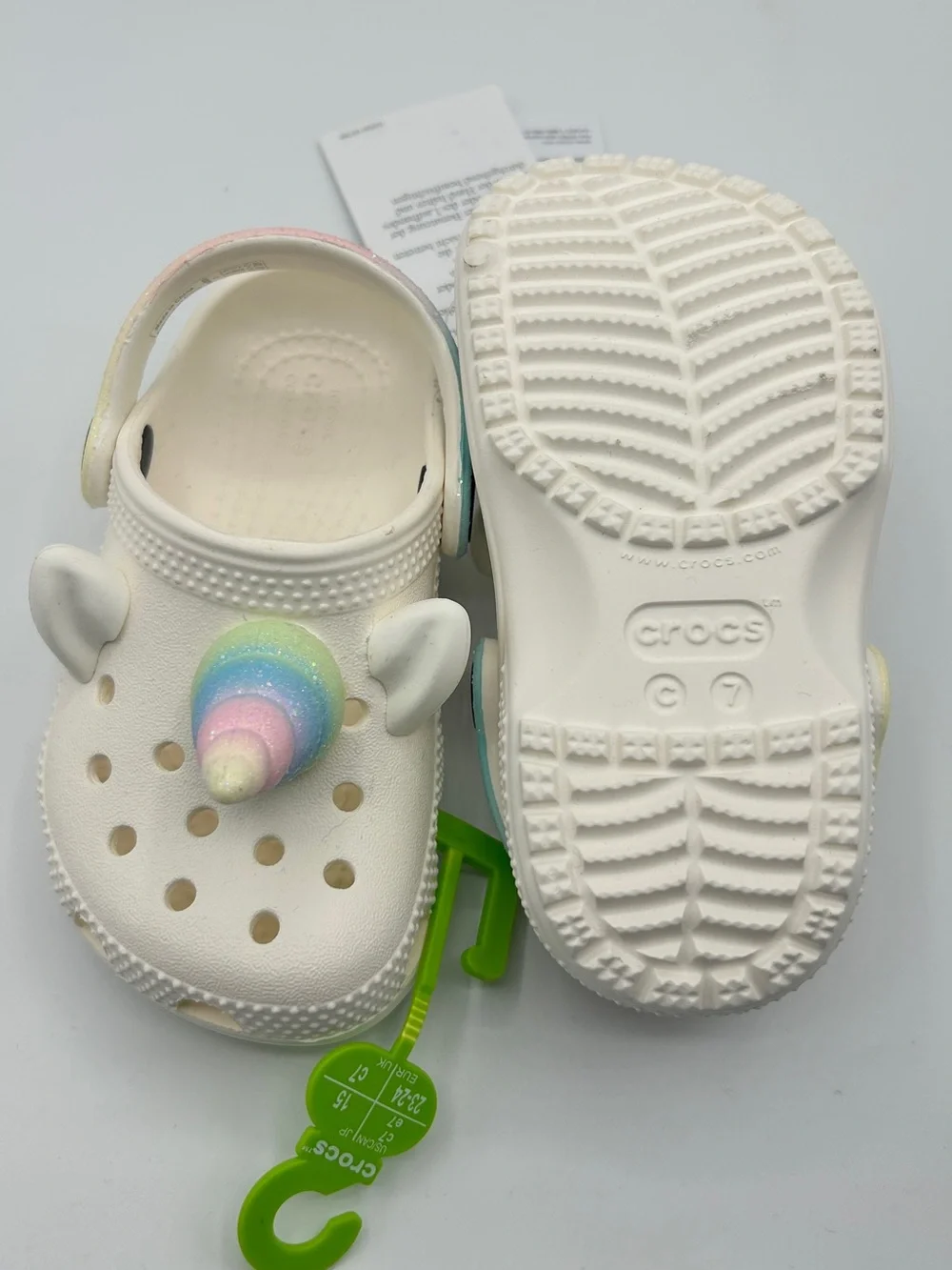 Crocs Kids White Unicorn Clog Sandals with Pastel Rainbow Horns